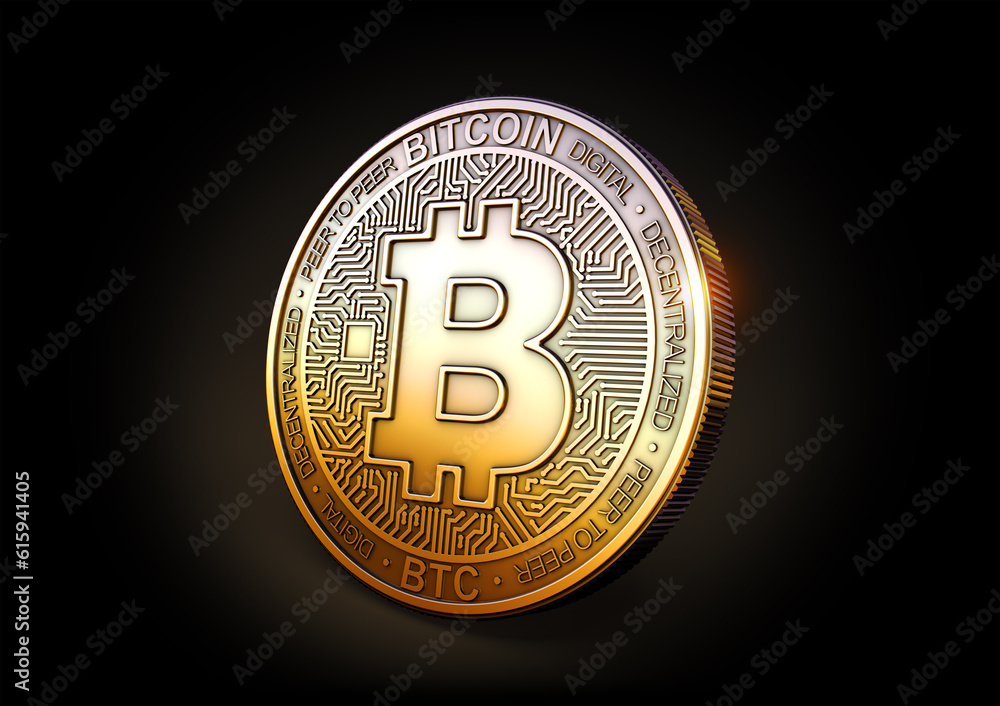 Poster golden bitcoin on black background. cryptocurrency coin concept. blockchain technology. 3d rendering