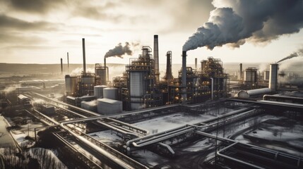 Massive industrial factory setting, with massive machinery, conveyor belts, and smokestacks billowing steam