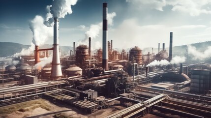 Fototapeta premium Massive industrial factory setting, with massive machinery, conveyor belts, and smokestacks billowing steam
