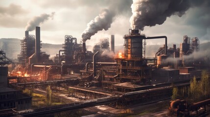 Fototapeta na wymiar Massive industrial factory setting, with massive machinery, conveyor belts, and smokestacks billowing steam