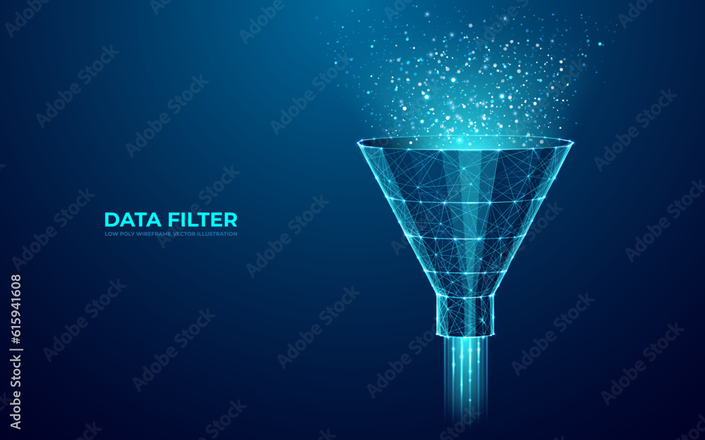 Leinwandbilder Digital Funnel and Abstract Data Flow in Techno Blue Background. Marketing and Analytics Concept. Low Polygonal Filter in connected dots, lines, shapes, and polygons. Modern Vector 3D illustration.