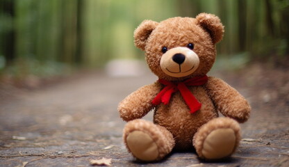 A photo of a teddy bear with a red ribbon, exuding charm and cuteness. Based on Generative Ai.