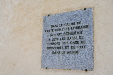 A commemorative tablet on the house where Robert Schuman, the Father of Europe, lived. Scy-Chazelles, France. 2023/06/16.	