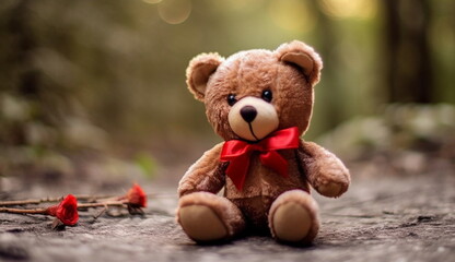 A photo of a teddy bear with a red ribbon, exuding charm and cuteness. Based on Generative Ai.