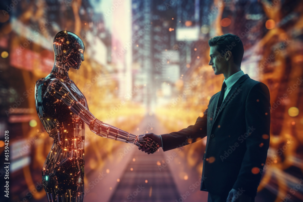 Aufkleber person shaking hands with robot, representing concept of ai progress and integrating neural networks