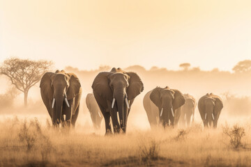 Fototapeta na wymiar Grandeur and grace of herd of elephants making their way across vast savannah. Towering creatures, their wrinkled skin and flapping ears. Generative AI Technology.