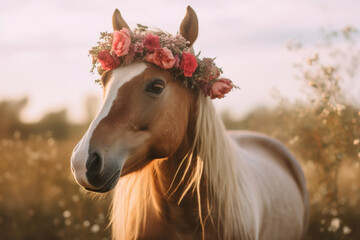 Beauty and grace of majestic horse adorned with delicate flower wreath around its head. Elegance, while wreath symbolises purity, beauty and femininity. Generative AI Technology.