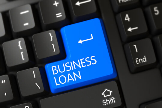 Concepts of Business Loan on Blue Enter Button on PC Keyboard. 3D Render.