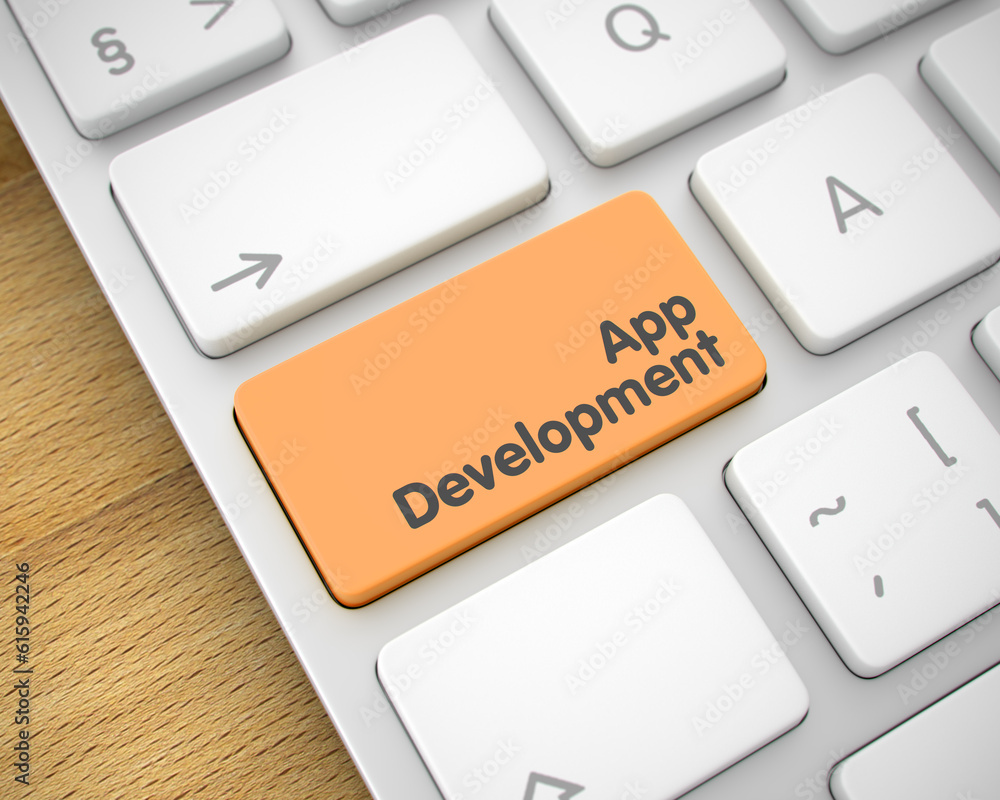 Poster service concept with modern laptop enter orange keypad on the keyboard: app development. business co