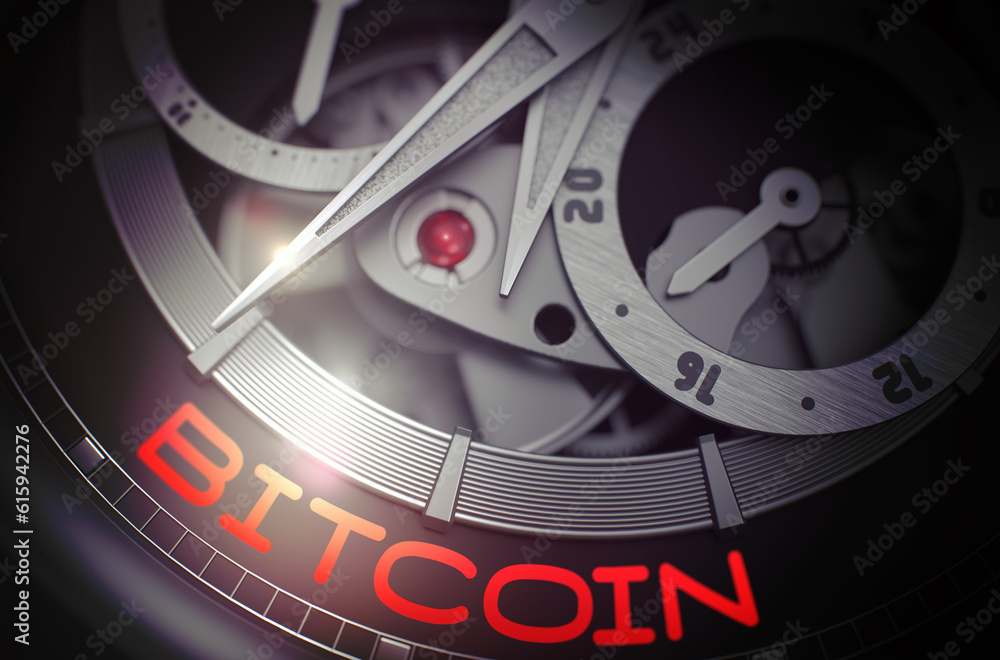 Poster luxury men wristwatch with bitcoin inscription on face. gears and mainspring in the mechanism of a w