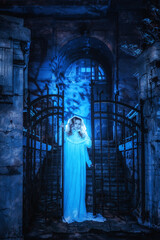 Fototapeta na wymiar Portrait of ghost girl in white dress walking in night