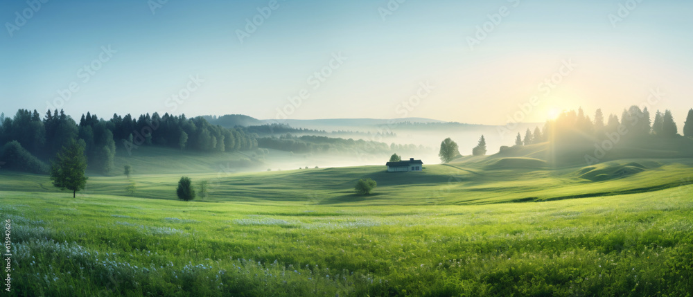 Wall mural beautiful summer natural landscape with lawn with cut fresh grass in early morning with light fog. p