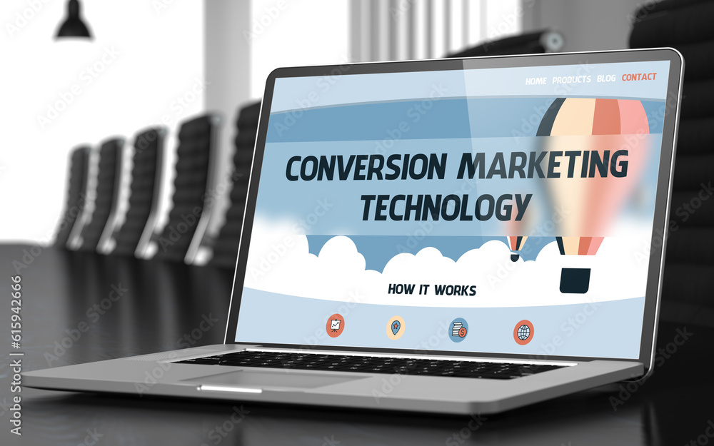 Aufkleber modern conference hall with laptop showing landing page with text conversion marketing technology. c