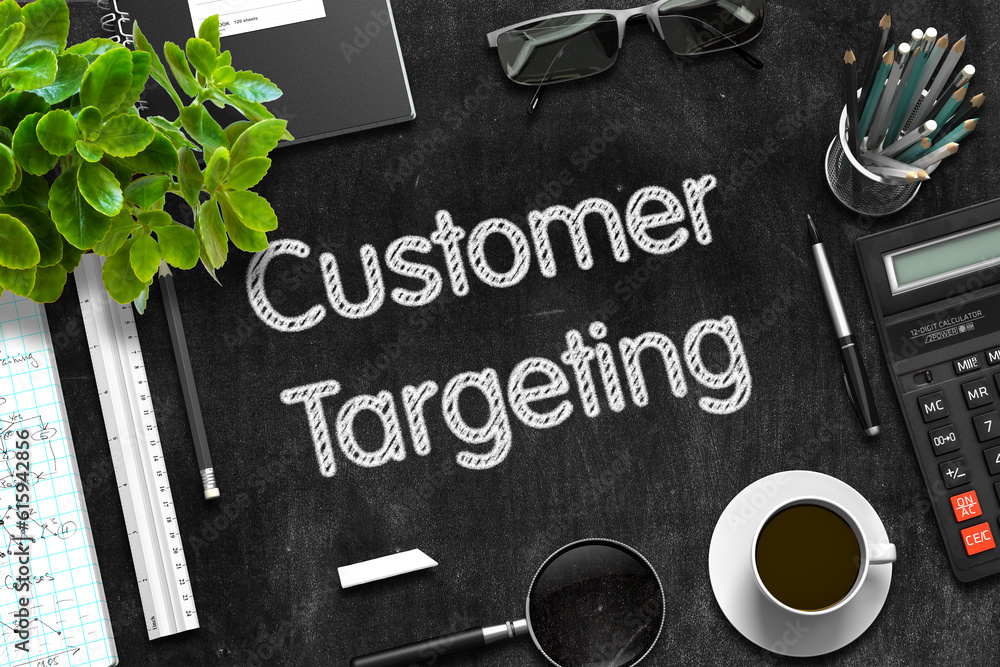 Poster top view of office desk with stationery and black chalkboard with business concept - customer target