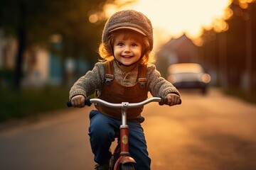 A picture-perfect moment of childhood happiness and active play, as a child rides a bicycle, embracing the thrill of the ride with open arms