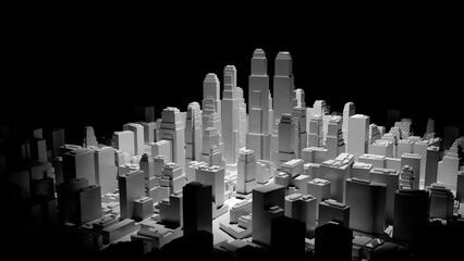 The middle of the 3d city is illuminated by a spotlight and around it is dark. 3d illustration. The concept of urban life and construction