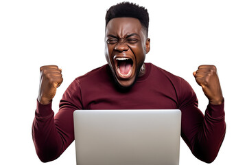 beautiful woman cheers and screams behind her laptop ai generated