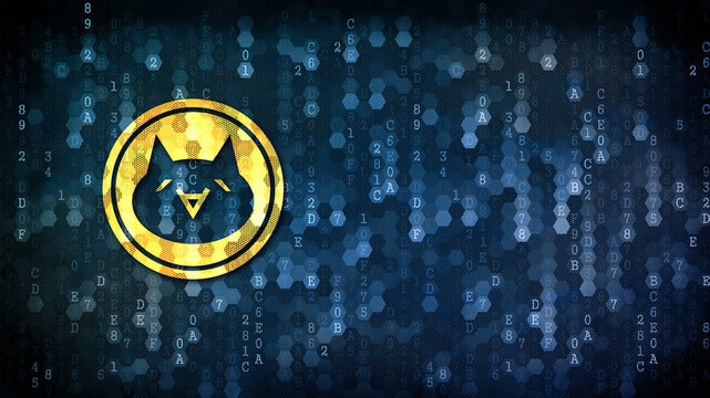 Monacoin Blockchain Cryptocurrency. Yellow Icon on Dark Digital Background with Empty Copyspace for Your Web Design.