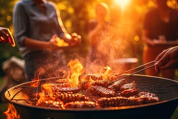 A delightful image showcasing the vibrant colors and cheerful faces of people grilling on a sunny day, radiating happiness and creating an atmosphere of pure enjoyment