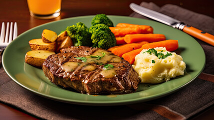 some meat, potatoes and carrots on a green plate with a glass of orange juice in the back ground