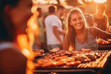 An energetic snapshot portraying the vibrant ambiance of a sunny day gathering, with happy people grilling and having a blast, epitomizing the essence of outdoor fun