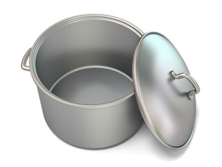 Steel cooking pot, opened. 3D render illustration isolated on white background