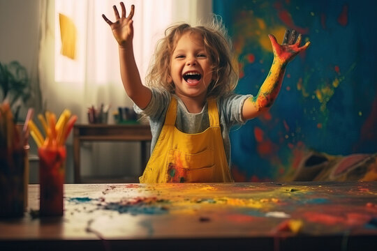 happy little child playing with paint ai generated