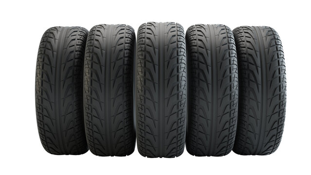 Car tires in row, isolated on white background. 3d illustration