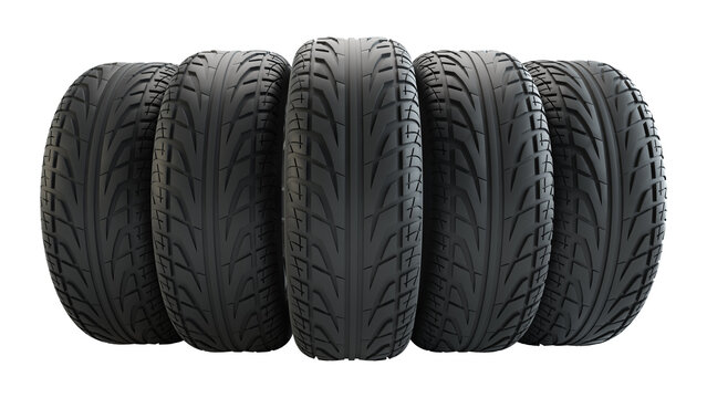 Car tires in row, isolated on white background. 3d illustration