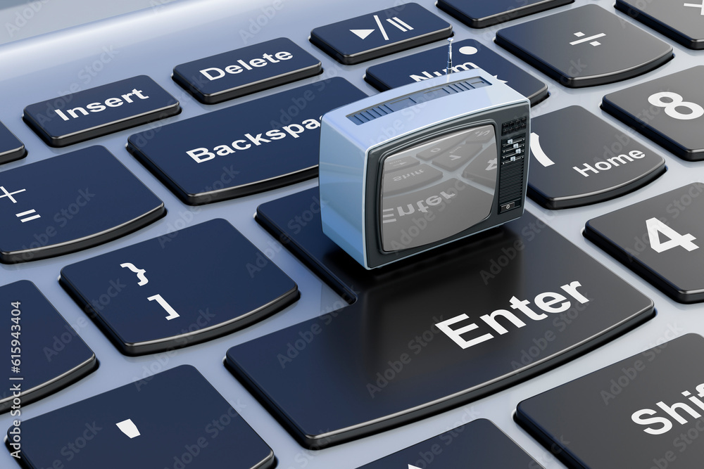 Poster retro tv set on laptop keyboard. 3d rendering