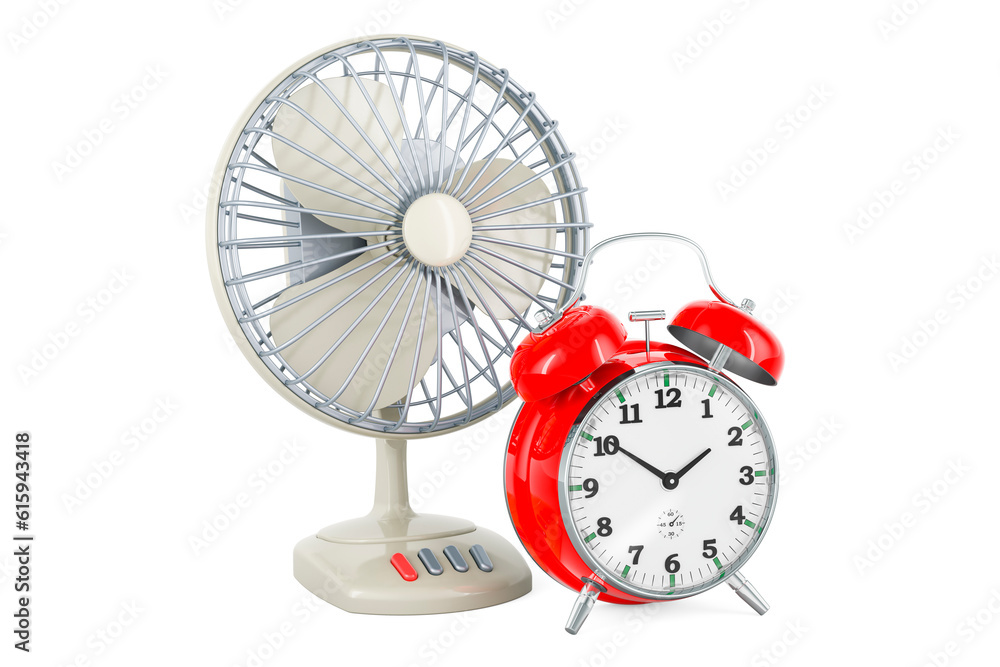 Poster table fan with alarm clock, 3d rendering
