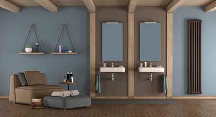 Blue and brown modern bathroom with double washbasin and armchair - 3d rendering