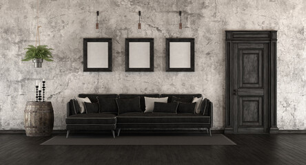 Black and white old room with elegant sofa and grunge wall - 3d rendering