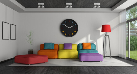 Black and white living room with colorful sofa - 3d rendering