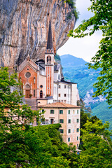Madonna della Corona church on the rock, sanctuary in Trentino Alto Adige region of Italy