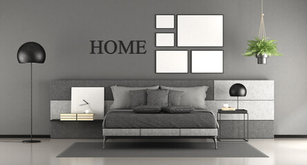 Minimalist white and gray master bedroom - 3d rendering