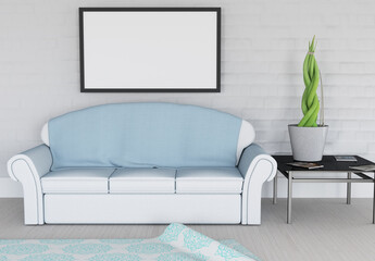 3D render of a modern lounge interior with blank picture hanging on wall
