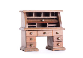 Small vintage wooden desk, isolated on white