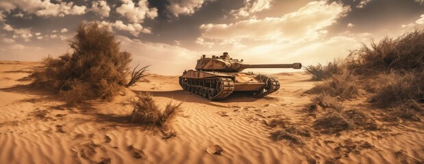 armored tank crosses a sand dunes during war invasion epic war scene in the desert as wide poster design with copy space area - Generative AI
