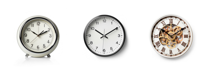collection Set of retro vintage and modern stylish bedside alarm clocks and wall clocks isolated on transparent background - Generative AI