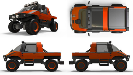 Set special all-terrain vehicle for difficult terrain and difficult road and weather conditions. 3d rendering