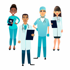 Obraz premium Doctors and nurses team. Cartoon medical staff. Medical team concept. Surgeon, nurse and therapist on hospital. Professional health workers.