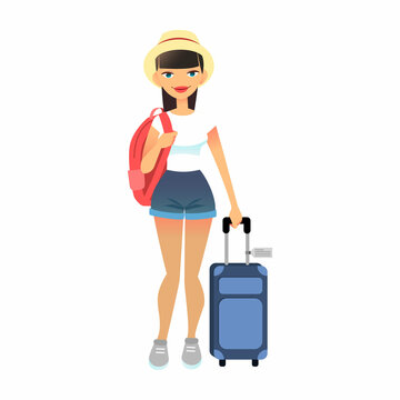 Travel female tourist standing with luggage. Young flat woman wearing casual clothes with baggage at airport. cute lady with travel bag and backpack. Travel lifestyle concept