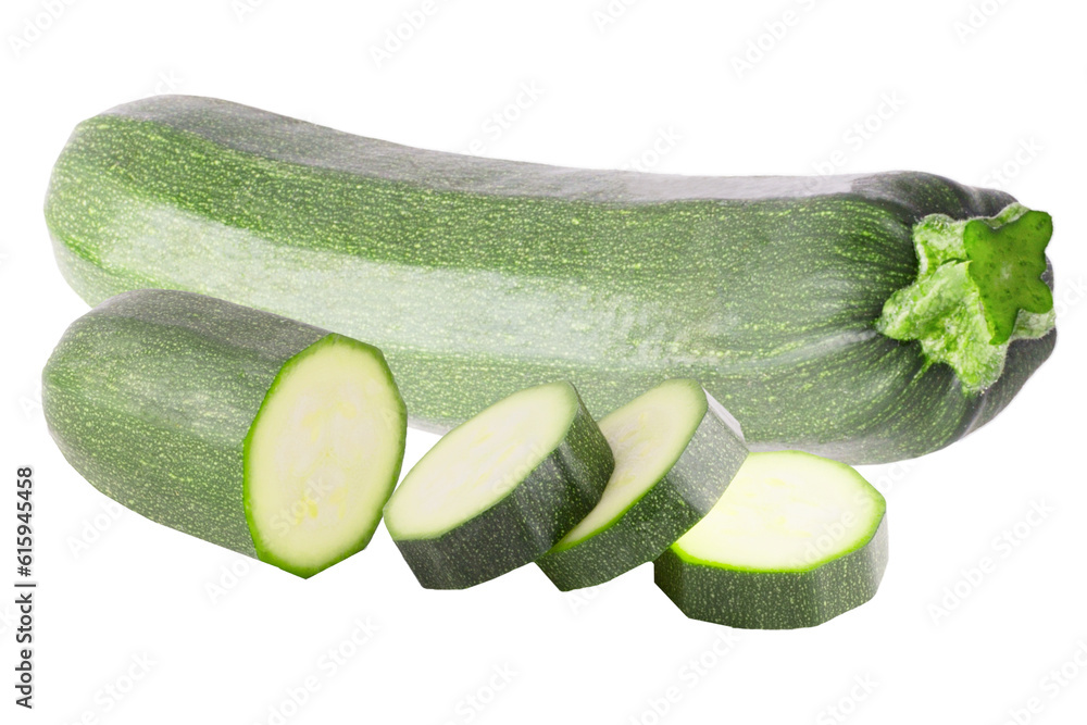 Aufkleber isolated zucchini. one courgette and slices isolated on white background with clipping path