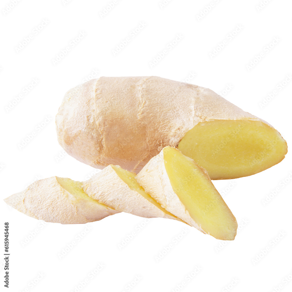 Poster Isolated Ginger root. One piece and three slices ginger root isolated on white background with clipping path for package design.