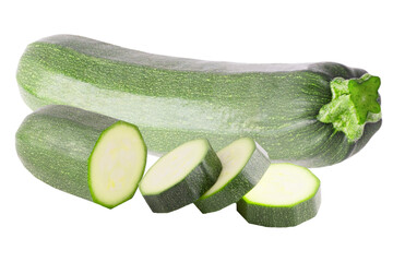 Isolated zucchini. One courgette and slices isolated on white background with clipping path