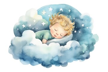 illustration of a small child sleeping on a cloud. AI generated