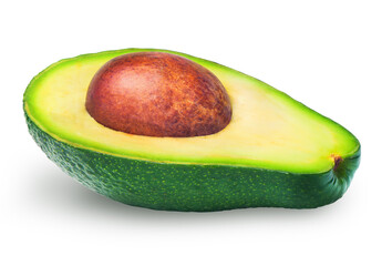 Avocado isolated. Half of fresh avocado fruit with brown seed isolated on white background. Clipping path