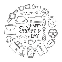 Happy Father's day doodle set. Tie, mustache, hat, hammer, glasses, watch in sketch style. Hand drawn vector illustration isolated on white background