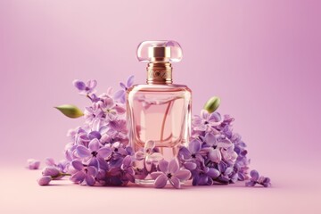 Obraz na płótnie Canvas Glass perfume bottle with lilac flowers on a lilac background. AI generated